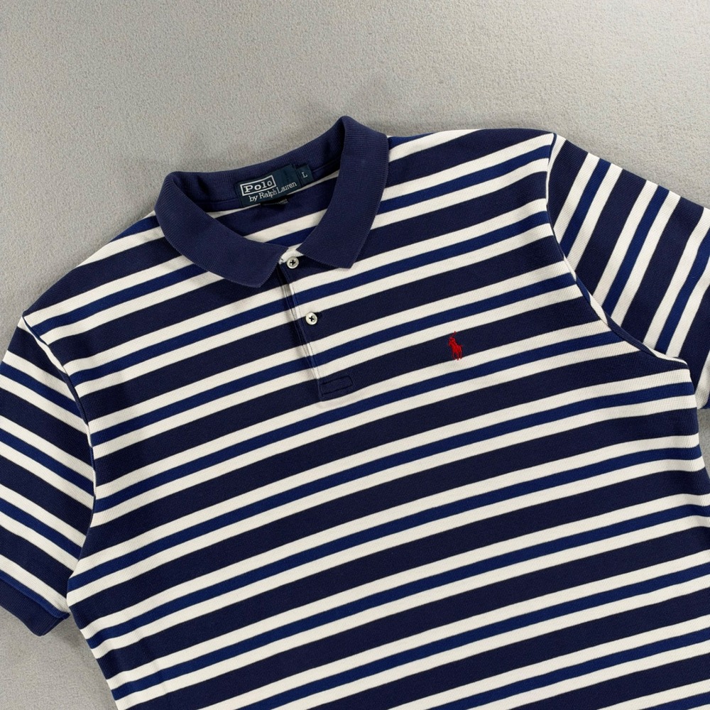 Polo Ralph Lauren Polo Shirt Striped Size L Navy White Cotton Short Sleeve